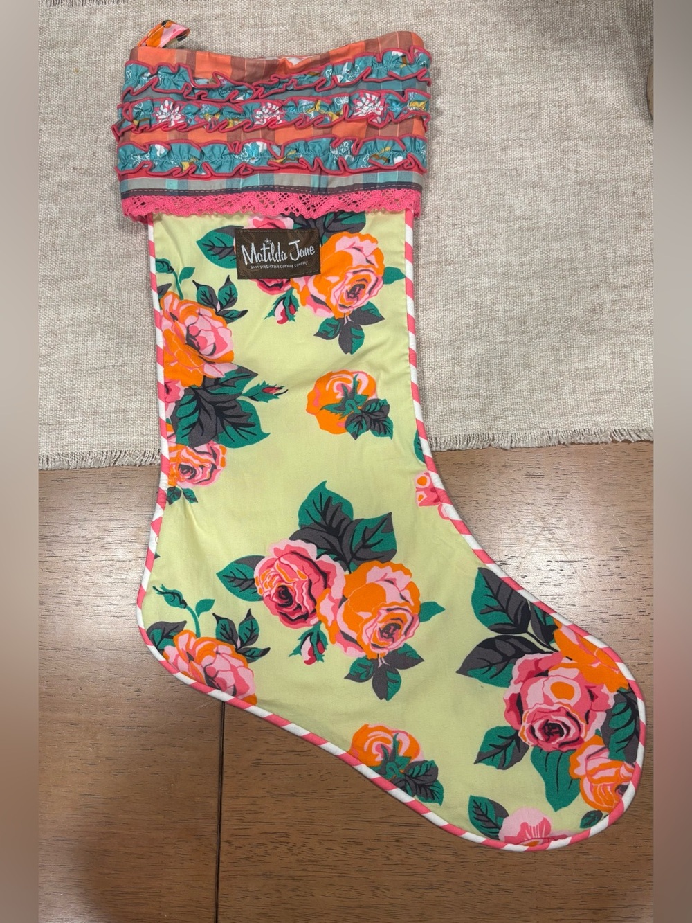 Matilda Jane NWOT Floral Ruffle Christmas Stocking Holiday Decor